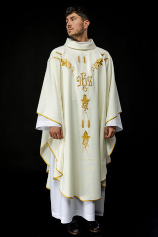 Liturgical chasuble with IHS embroidery and grapes in ecru color