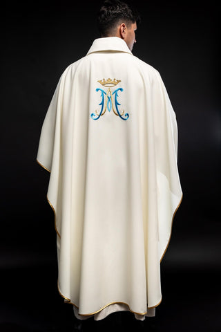 Marian Chasuble Embroidered in Ecru with Gold Trim and Emblem