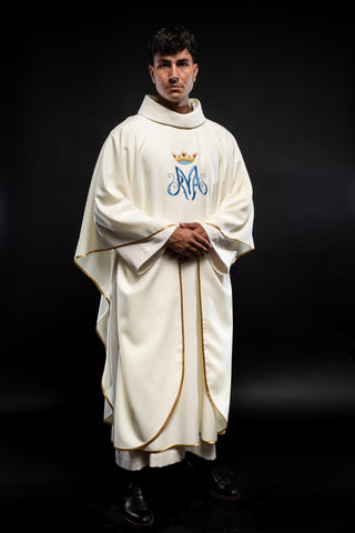 Marian Liturgical Chasuble in Ecru with Embroidered Emblem and Gold Trim