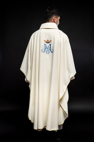 Marian Liturgical Chasuble in Ecru with Embroidered Emblem and Gold Trim