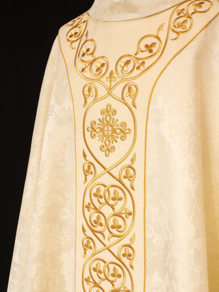 Ecru liturgical chasuble with a velvet embroidered band and gold-satin trimming