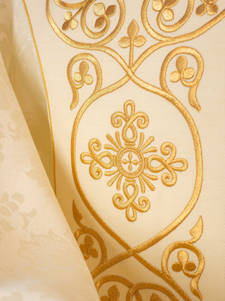 Ecru liturgical chasuble with a velvet embroidered band and gold-satin trimming