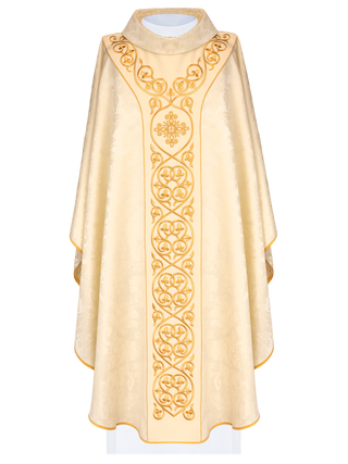 Ecru liturgical chasuble with a velvet embroidered band and gold-satin trimming