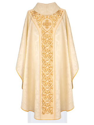 Ecru liturgical chasuble with a velvet embroidered band and gold-satin trimming