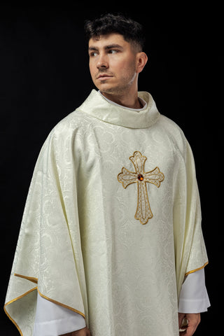 Embroidered chasuble with ecru cross symbol - elegant liturgical vestment with gold trim