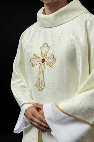 Embroidered chasuble with ecru cross symbol - elegant liturgical vestment with gold trim