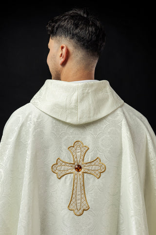 Embroidered chasuble with ecru cross symbol - elegant liturgical vestment with gold trim