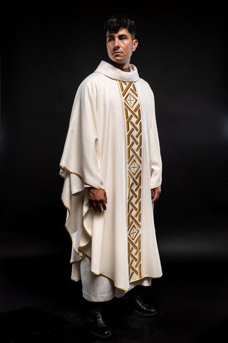 Ecru liturgical chasuble with an embroidered cross and gold-satin trimming