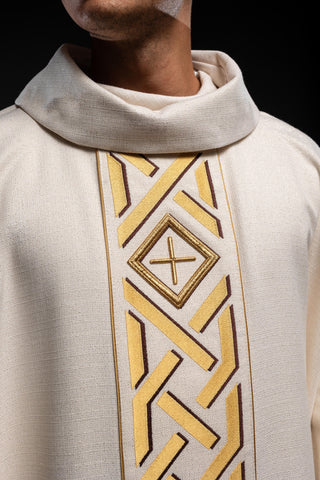 Ecru liturgical chasuble with an embroidered cross and gold-satin trimming