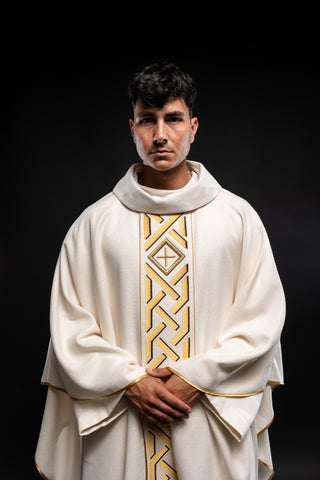 Ecru liturgical chasuble with an embroidered cross and gold-satin trimming