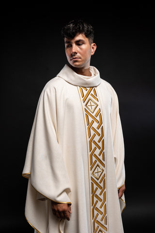 Ecru liturgical chasuble with an embroidered cross and gold-satin trimming