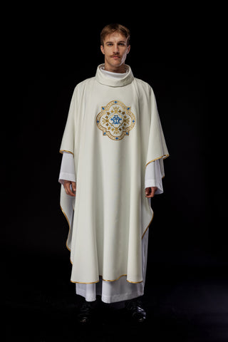 Marian Chasuble Embroidered in Ecru with Gold Trim and Marian Emblem