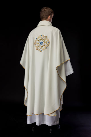 Marian Chasuble Embroidered in Ecru with Gold Trim and Marian Emblem