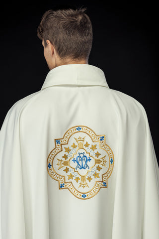 Marian Chasuble Embroidered in Ecru with Gold Trim and Marian Emblem