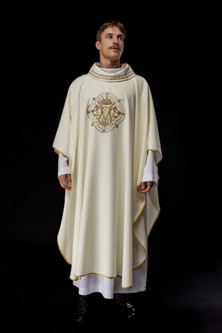 Marian Chasuble Embroidered in Ecru with Gold Trim and Emblem