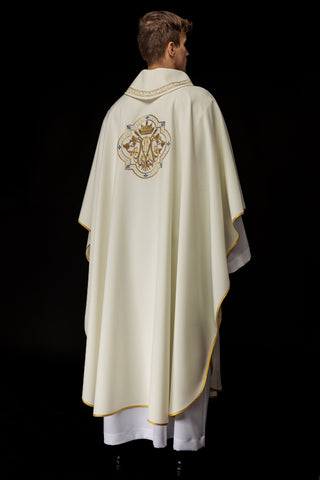 Marian Chasuble Embroidered in Ecru with Gold Trim and Emblem