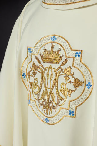 Marian Chasuble Embroidered in Ecru with Gold Trim and Emblem