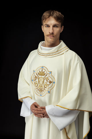 Marian Chasuble Embroidered in Ecru with Gold Trim and Emblem