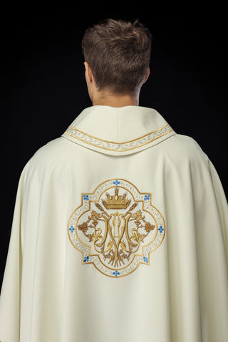 Marian Chasuble Embroidered in Ecru with Gold Trim and Emblem