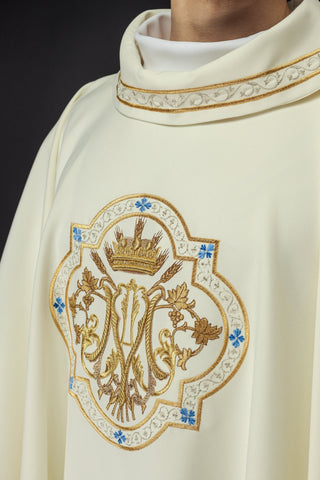 Marian Chasuble Embroidered in Ecru with Gold Trim and Emblem