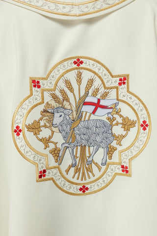 Ecru liturgical chasuble with Lamb of God embroidery and gold trim