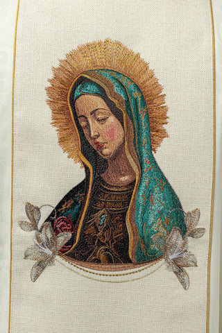 Embroidered chasuble with the image of Our Lady of Guadalupe made from high-quality golden fabric