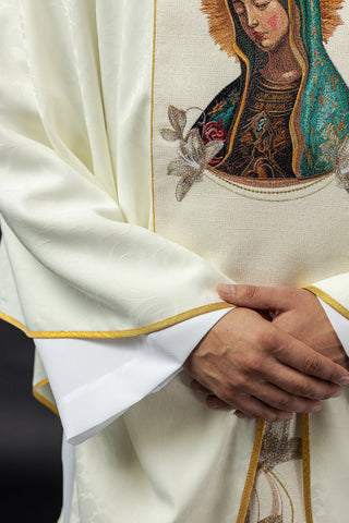 Embroidered chasuble with the image of Our Lady of Guadalupe made from high-quality golden fabric