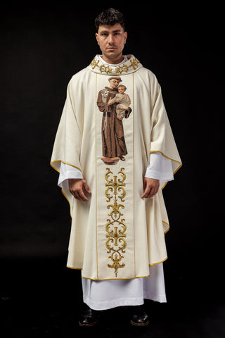 Embroidered chasuble with the image of Saint Anthony, including a stole