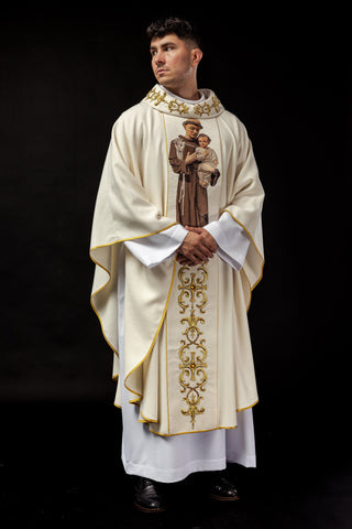 Embroidered chasuble with the image of Saint Anthony, including a stole