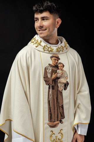 Embroidered chasuble with the image of Saint Anthony, including a stole