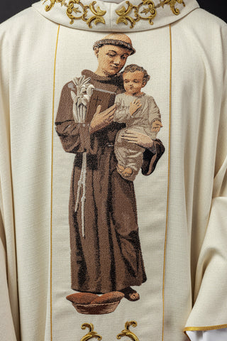 Embroidered chasuble with the image of Saint Anthony, including a stole