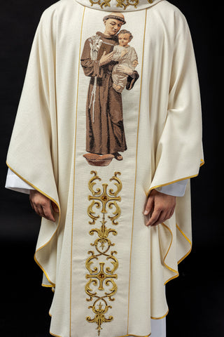 Embroidered chasuble with the image of Saint Anthony, including a stole