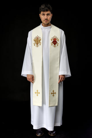 Priestly Stole Embroidered with Symbols of the Cross, IHS, and the Sacred Heart of Jesus Christ in Ecru