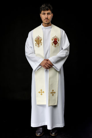 Priestly Stole Embroidered with Symbols of the Cross, IHS, and the Sacred Heart of Jesus Christ in Ecru