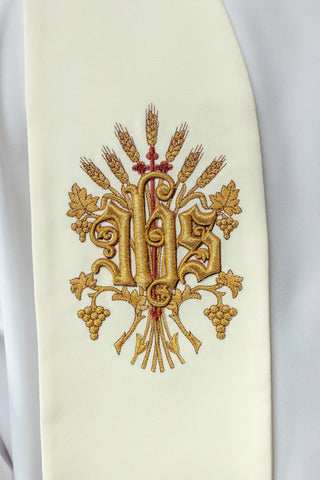 Priestly Stole Embroidered with Symbols of the Cross, IHS, and the Sacred Heart of Jesus Christ in Ecru