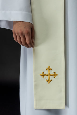 Priestly Stole Embroidered with Symbols of the Cross, IHS, and the Sacred Heart of Jesus Christ in Ecru