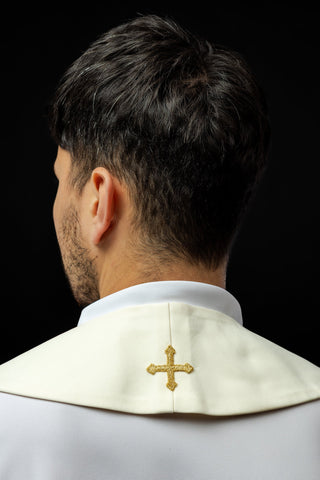 Priestly Stole Embroidered with Symbols of the Cross, IHS, and the Sacred Heart of Jesus Christ in Ecru