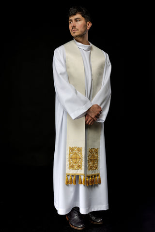 White priestly stole embroidered with faceted stones