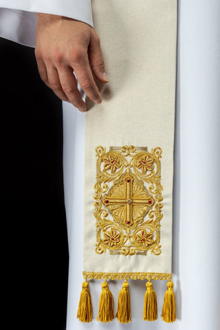 White priestly stole embroidered with faceted stones