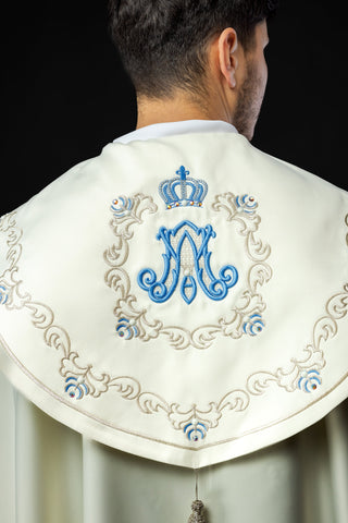 Liturgical Shoulder Veil with Marian Embroidery and IHS Symbol, Glossy Satin 100% PE, 150 cm