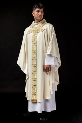 Embroidered chasuble with a band and faceted stones