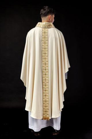 Embroidered chasuble with a band and faceted stones