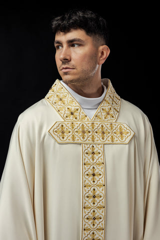 Embroidered chasuble with a band and faceted stones