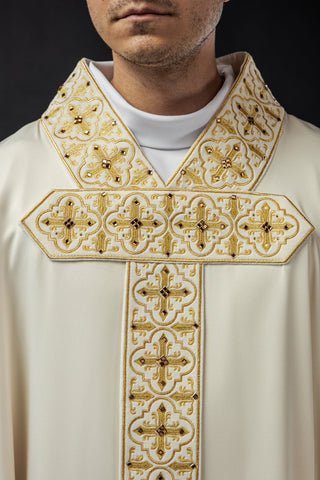 Embroidered chasuble with a band and faceted stones