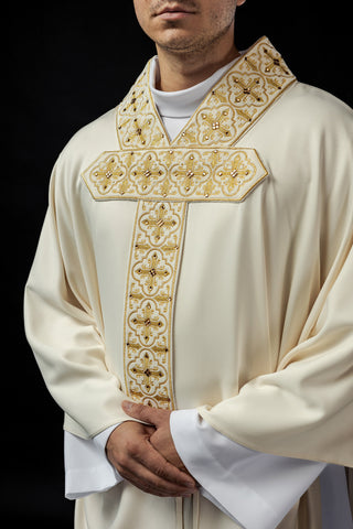 Embroidered chasuble with a band and faceted stones