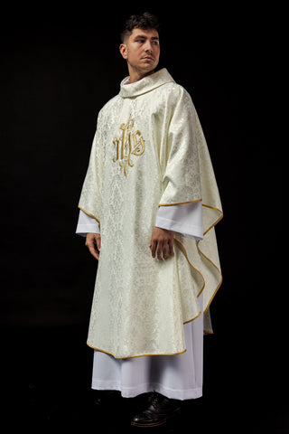 Ecru chasuble with IHS embroidery on decorative fabric