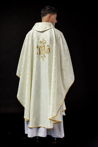 Ecru chasuble with IHS embroidery on decorative fabric