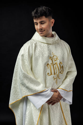 Ecru chasuble with IHS embroidery on decorative fabric