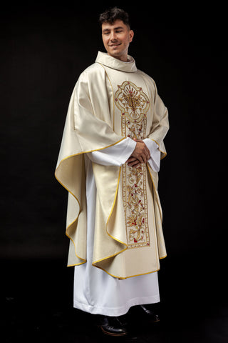 Ecru chasuble with IHS embroidery and gold-satin trimming