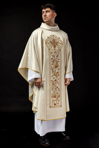 Ecru chasuble with IHS embroidery and gold-satin trimming